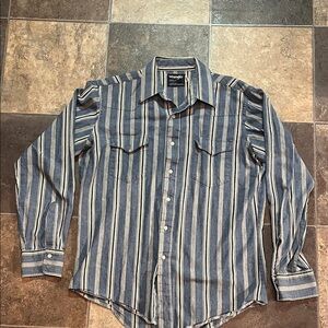 Vintage Wrangler Men's Blue and White Striped Shirt Made in USA